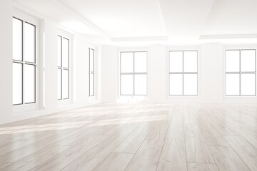 modern room with many windows interior design. 3D illustration