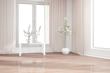 modern room with plants,table and curtains interior design. 3D illustration