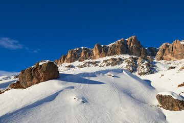 Landscape of the winter rocky mountains in the Dolomites Alps in Italy.