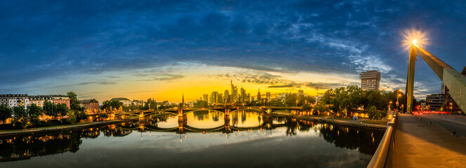 Panaroma high definition Frankfurt Skyline with blue sky and two bridges crossing the river main