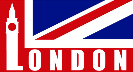 Fototapeta na wymiar Big Ben silhouette and London inscription on the part of the British flag