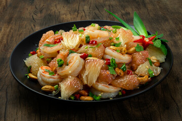 Spicy Pomelo Salad with Srimps GoodTasty Appetizer Dish on Black Plate  Healthyfood or diet