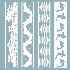 Japanese set of stencils for laser cutting. Panel with a traditional landscape, houses and pagodas, cut out of paper. Bookmark set.