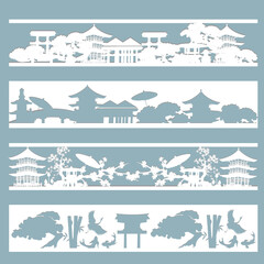 Paper cut set of stencils of Japanese landscapes. Panel for laser cutting. Bookmark set.