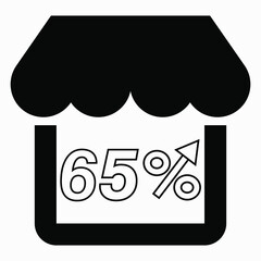65% increase in store sales. Store building and percentage increase on a white background. Sales growth in the supermarket. Vector icon
