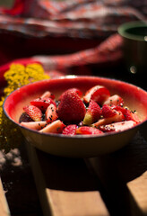 Healthy morning breakfast, oatmeal with strawberries