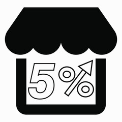 Increase 5% store sales. Store building and percentage increase. Sales growth in the supermarket. Vector icon.
