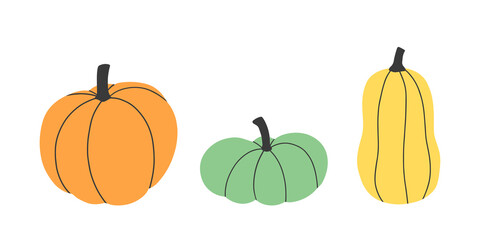 Set of simple colorful flat pumpkins on the white background. Seasonal vector spot illustration for autumn design