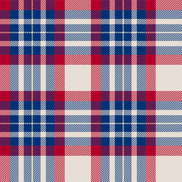 Plaid (tartan) seamless pattern. Blue, red and white stripes. Scottish, lumberjack and hipster fashion style.