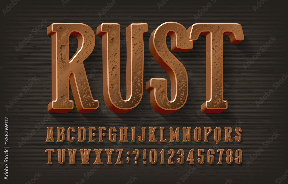 Fototapete rust alphabet font. 3d damaged metal letters and numbers. dark wood background. stock vector typescr