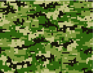 Camouflage seamless pattern. Four green shades. Woodland style and digital (pixels) forms.
