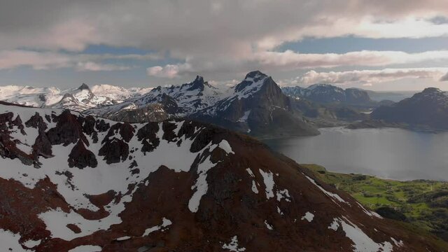 Aerial pan right of amazing panorama landscape of Helgeland in northern Norway