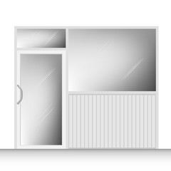 Aluminium door with door handle and glass wall in white room background.