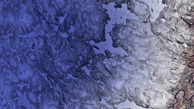 Winter landscape aerial satellite view snow and ice land sunrise animation, Ivalo Finland. Images furnished by Nasa