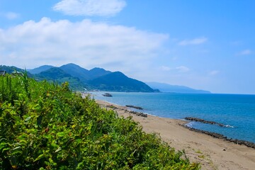Japanese landscape,  Sea of Japan shot from Itoigawa in Niigata prefecture. Plants in the foreground and mountains in the background