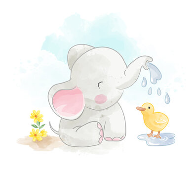 Little Elephant and Little Duck Illustration