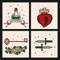 Old school tattoo logo with heart, roses and engraving ribbon with outline and shadow in red, beige, green and grey colors in retro style