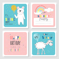 Set of Birthday greeting cards and party invitation templates with cute hand drawn animals. Vector illustration