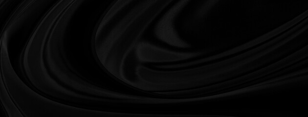 Black gray satin dark fabric texture luxurious shiny that is abstract silk cloth panorama background with patterns soft waves blur beautiful.