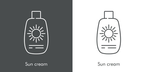Concepto vacaciones de verano. Icono plano lineal botella de crema solar en fondo gris y fondo blanco © teracreonte