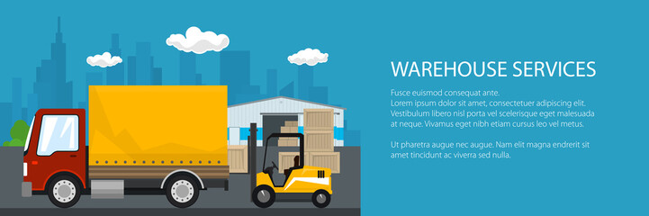 Banner of warehouse and transport services ,warehouse with forklift truck and red lorry on the background of the city and text , unloading or loading of goods , vector illustration