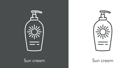Concepto vacaciones de verano. Icono plano lineal dispensador de crema solar en fondo gris y fondo blanco