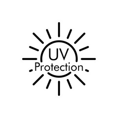 Fototapeta na wymiar Concepto vacaciones de verano. Crema solar. Icono plano lineal texto UV Protection en sol en color negro