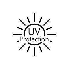 Concepto vacaciones de verano. Crema solar. Icono plano lineal texto UV Protection en sol en color negro
