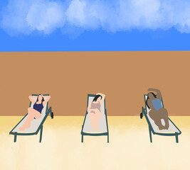 Three woman sunbathing and relax on the sunbed at tropical beach with copy space. Summer vacation new normal concept.Social distancing between Beach chairs.People travel on the beach after lockdown.