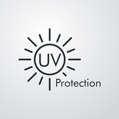 Concepto vacaciones de verano. Crema solar. Icono plano lineal texto UV Protection en sol en fondo gris