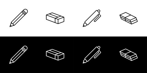 Stationery icon set. Flat design icon collection isolated on black and white background. Pencil, pen, and eraser.