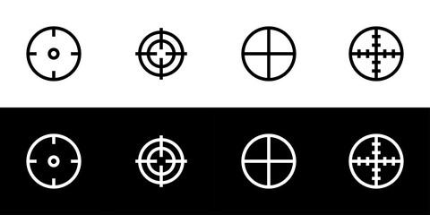 Aim target icon set. Flat design icon collection isolated on black and white background. Lock target and scope.