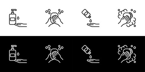 Washing hands with soap icon set. Flat design icon collection isolated on black and white background.