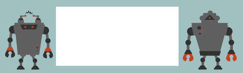 Vintage robots with blank sign.Vector illustration of  retro robots with white signboard.