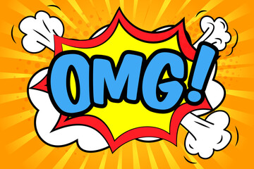 OMG banner, vector pop art illustration with comic bomb explosion on orange background, cartoon style image.