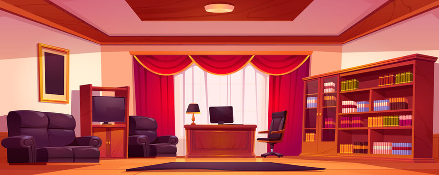 Luxury office interior with wooden furniture, computer on table, sofa and bookcase. Vector cartoon illustration of empty chief cabinet in classic style with red curtains and paintings in golden frames