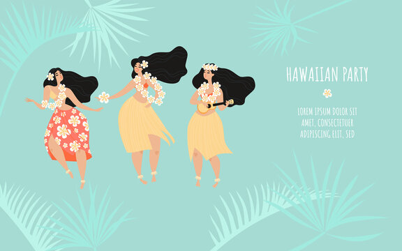 Hawaiian party banner template with three dancing girls in traditional dresses and tropical plants.