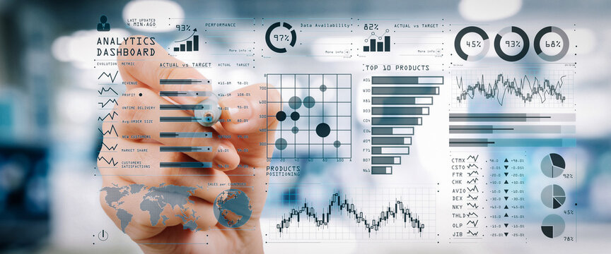 Intelligence (BI) and business analytics (BA) with key performance indicators (KPI) dashboard concept.business documents on graph on wide screen computer.