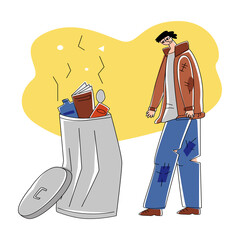 Vector flat illustration sad homeless beggar standing and looking into filled trash can. Concept poverty, social problems, volunteering, assistance. Landing pages, banners, social networks, etc.