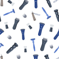 Seamless pattern of razors, hair clippers. Pattern of Electric and straight men's razors and hair Trimmers. Shaving accessories on a white background. Vector illustration in flat style.