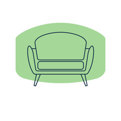 Comfortable sofa with one pillow. Image of couch in line art style. Element furniture of the interior. Modern stylish object for relaxation. Flat illustration with settee on shape background