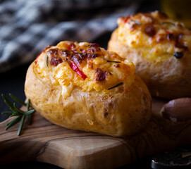 Baked potatoes stuffed with cheese, vegetables and rosemary