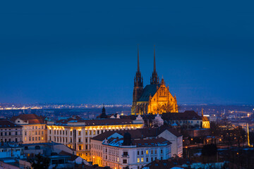 A view of Brno Cathedral and skyline at night, Brno, Czech Republic, Europe - February 22nd 2018