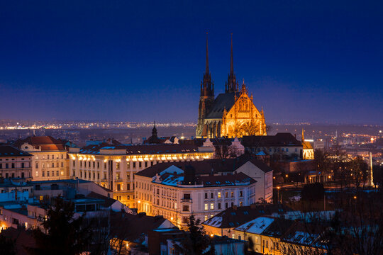 A view of Brno Cathedral and skyline at night, Brno, Czech Republic, Europe - February 22nd 2018