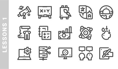 lessons 1 icon set. Outline Style. each made in 64x64 pixel