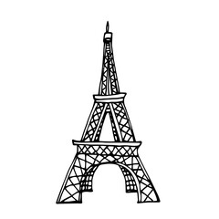 eiffel tower famous landmark of paris, symbol of romance, love, nostalgia, vector illustration with black ink contour lines isolated on a white background in doodle & hand drawn style