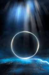 Wet asphalt, reflection of neon lights, a searchlight, smoke. Abstract light in a dark empty street with smoke, smog. Dark background scene of empty street, night view, night city.