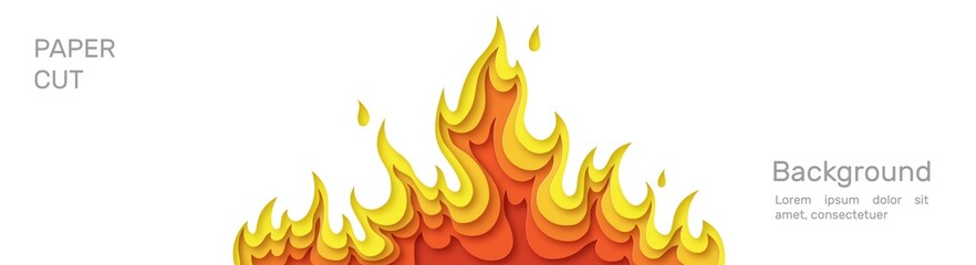 Horizontal white banner with fire. Layered design in paper style. Place for text. Vector illustration