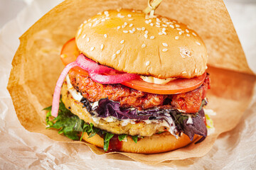 fresh burger with cutlet and vegetables