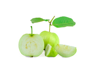 Green guava fruit and sliced isolated on white with clipping path